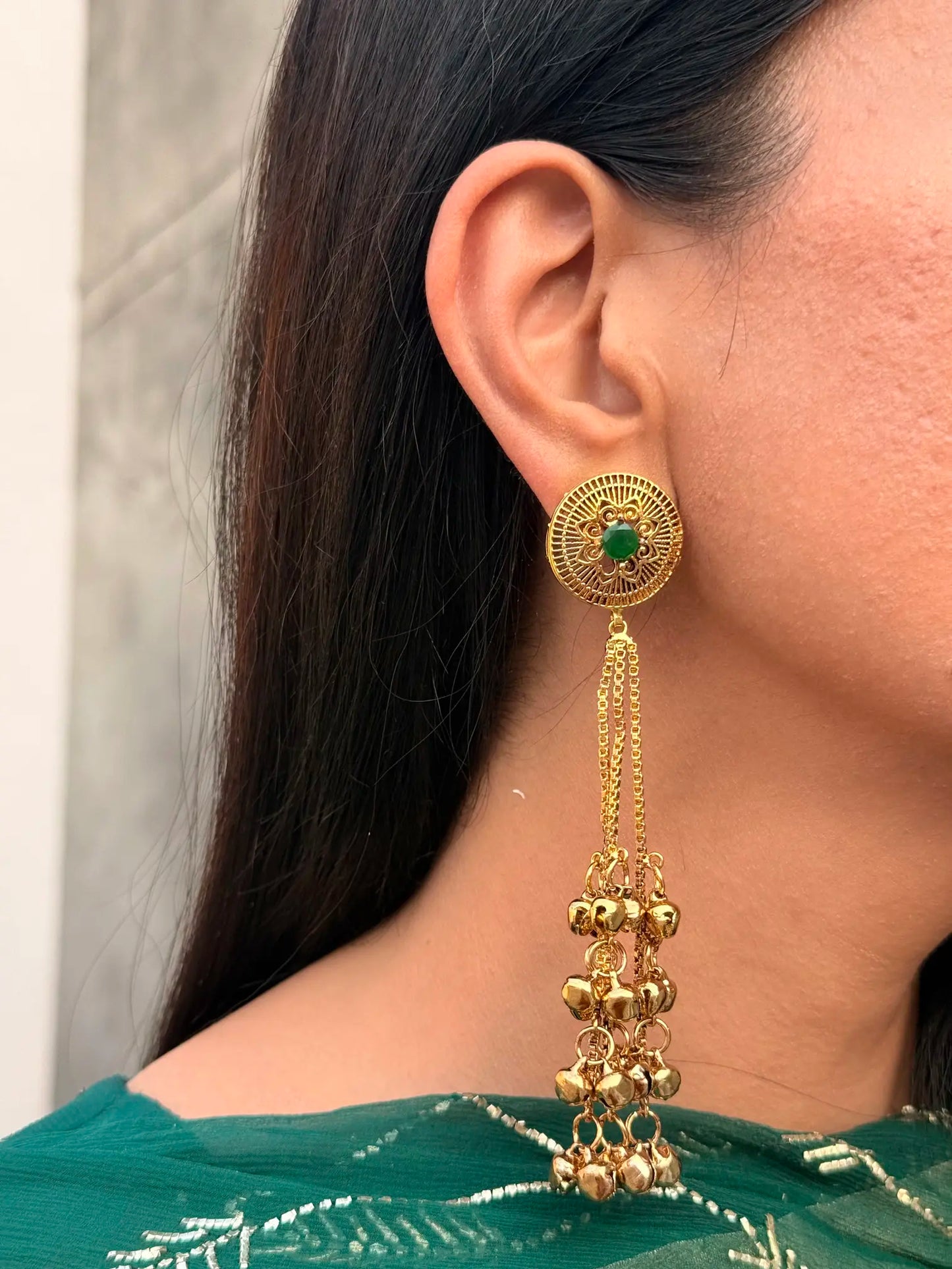 Traditional emerald Kashmiri earrings with ethnic Pakistani craftsmanship