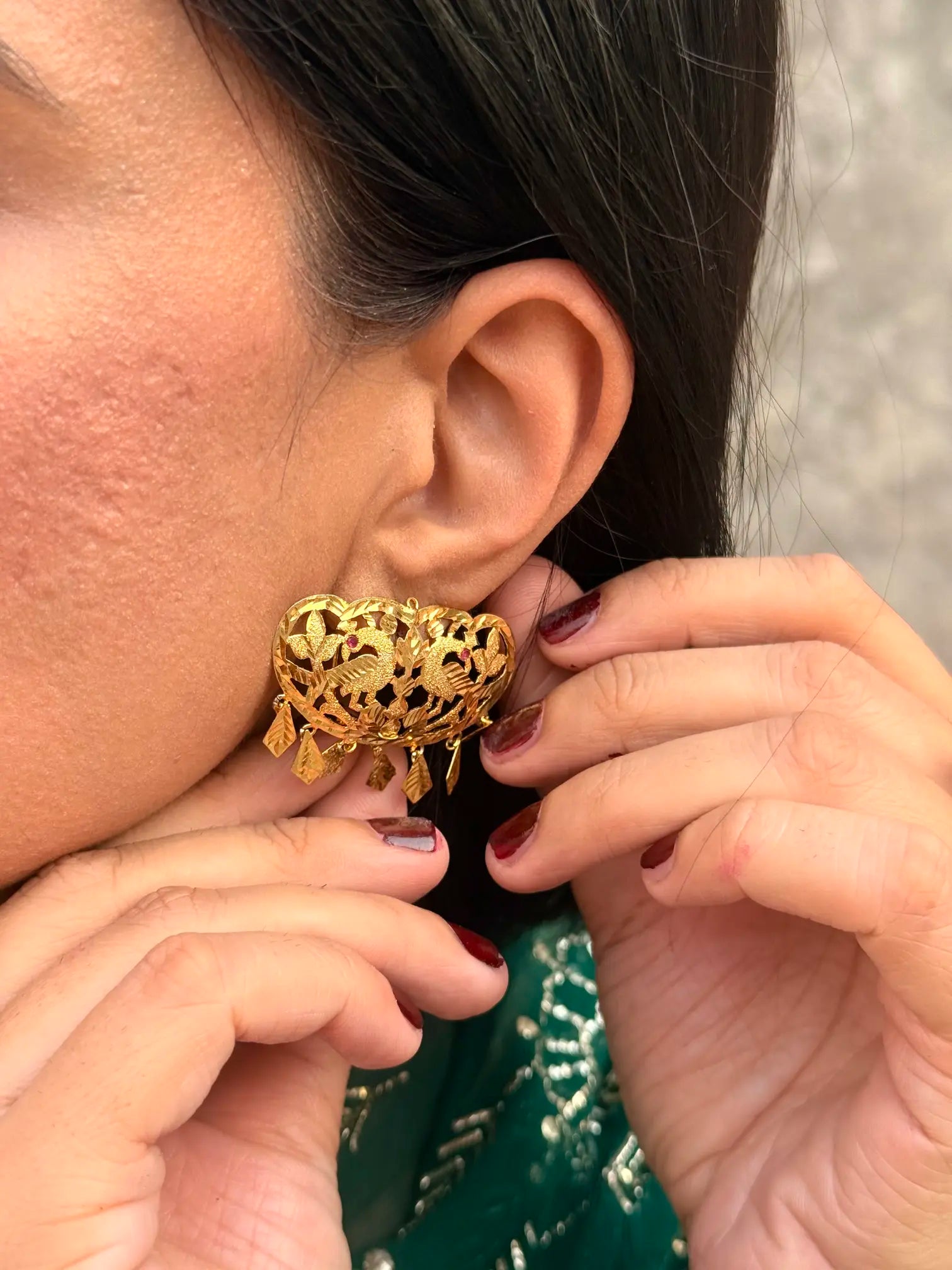 Side angle of Virsa Pakistani earrings with elegant handcrafted detailing