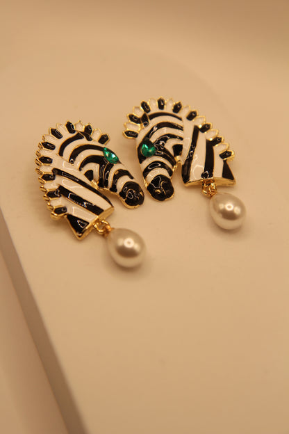 Zebra drops front view earrings with bold black and white design and pearl accents, Modern zebra pattern drop earrings with pearls for Gen Z fashion by Legacy by Bisma 