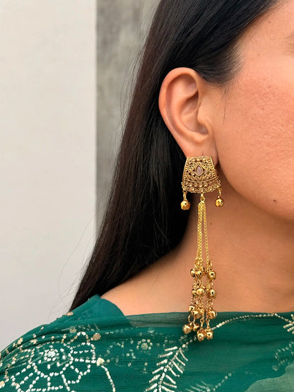 Close-up of Zooni Kashmiri jhumka earrings showcasing intricate ethnic detailing