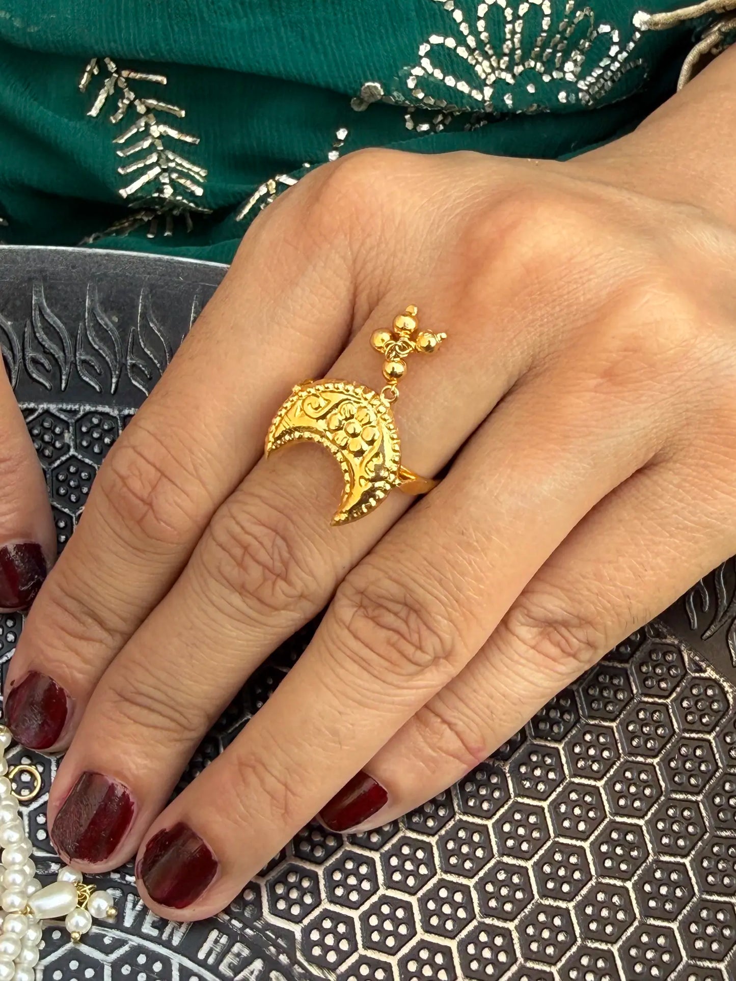 Close-up of Chand Phool ring showcasing intricate floral craftsmanship