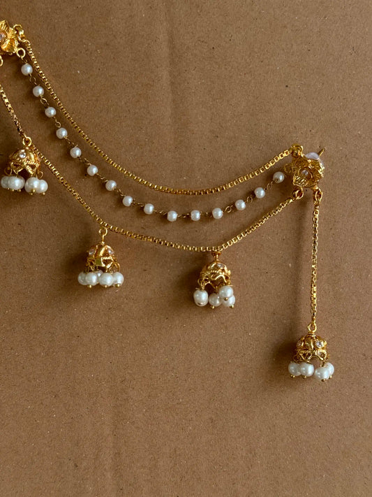 Close-up of Sahiba gold plated pearl saharay featuring intricate pearl detailing