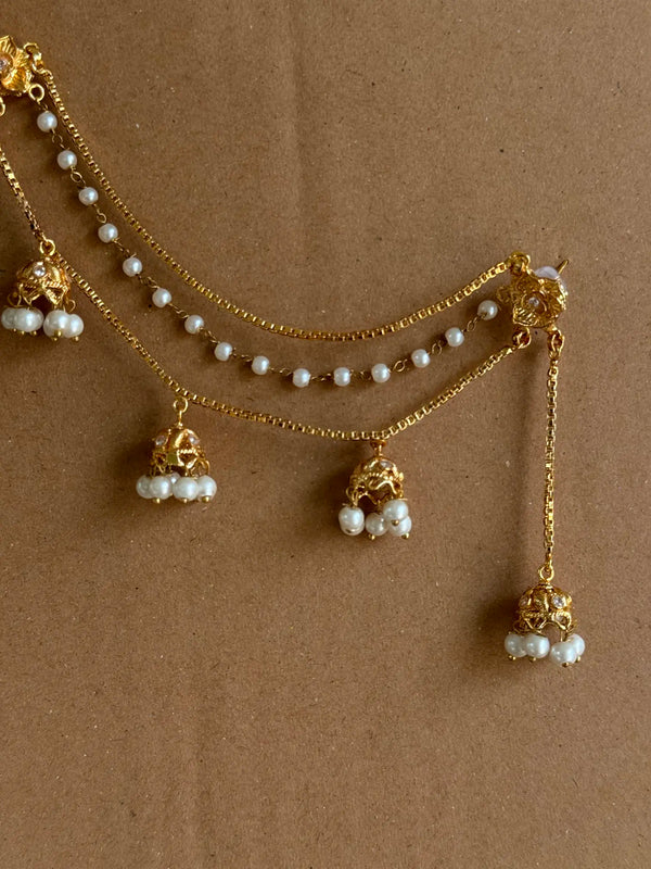 Close-up of Sahiba gold plated pearl saharay featuring intricate pearl detailing